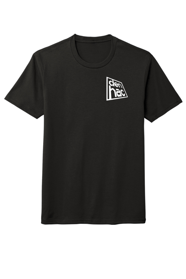 Black t-shirt with a white denhac logo over the left chest